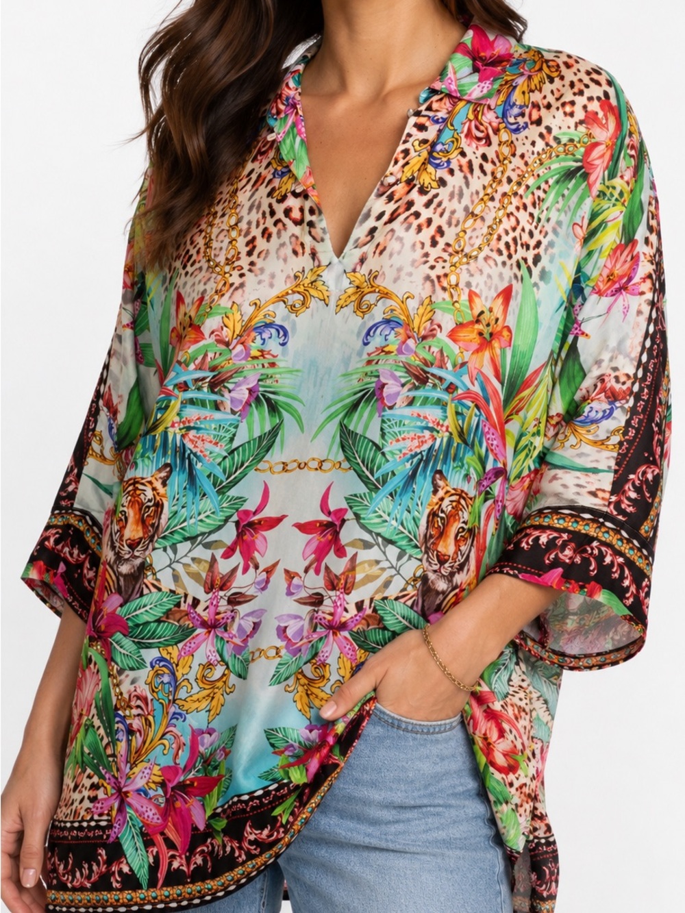Johnny Was Aviina 100% Silk Boho Tunic Top Dolman Sleeve Medium Tiger Floral